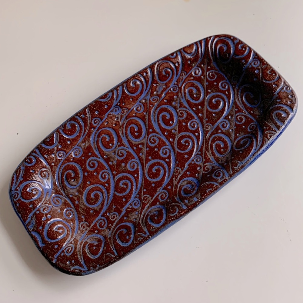 NEW Hand Made Pottery Tray in Rich Blue/Purple & Brown - Picture 1 of 7
